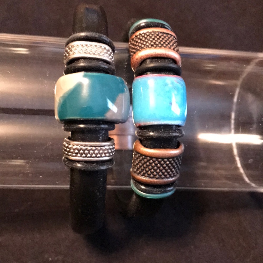 Hand crafted leather and bead bangles